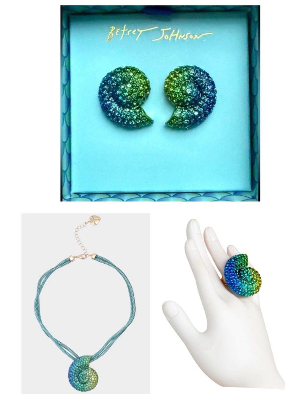 BETSEY JOHNSON SET Mermaid Jewels Shell Ring Earrings & Necklace Crystals NWT